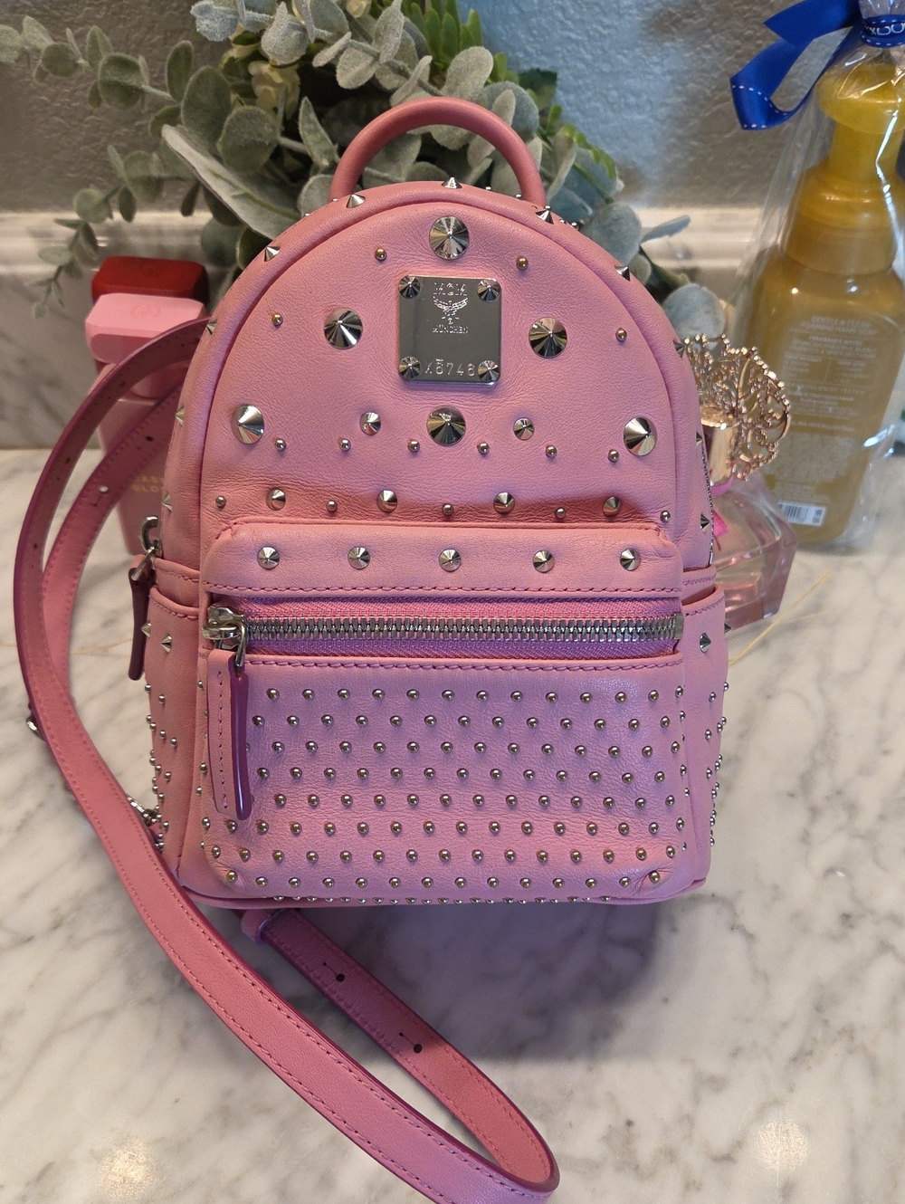 EUC MCM Baby Pink Studded Mini Backpack Crossbody 🩷